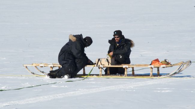 Reinhard Drews and Lionel Favier from the BeWise project take a profile of the ice shelf using ground penetrating radar - © International Polar Foundation