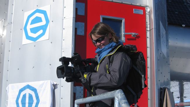 Hélène Grandjean filming at the station's doorsteps - © International Polar Foundation