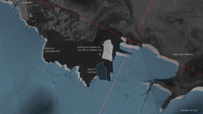 On the 28th of January, the iceberg has clearly moved up. Initial position marked with dotted line. - © Sentinel images courtesy of the European Space Agency and PolarView, MODIS images courtesy of NASA