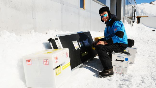 PhD student Armin Sigmund, who works at the CRYOS Lab at the Swiss Federal Institute of Technology Lausanne (EPFL), prepares for his field expedition to check on a remote sensing station for the From Clouds to Ground: Snow Deposition in Extreme Environment project. - © International Polar Foundation