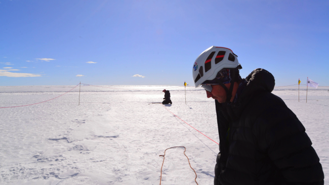 Team members set up harnesses, ropes, and safety gear before beginning the crevasse training. - &copy; International Polar Foundation