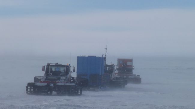 Convoy! Transporting our field camp units in to their destination on the plateau for the SAMBA meteorite project - © International Polar Foundation/Alain Hubert