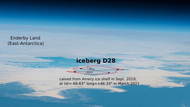 An aerial image of iceberg D28, which calved from the Amery Ice Shelf, before it collided with the Dog's Head formation on the King Baudouin Ice Shelf. - © Earth Science and Remote Sensing Unit, NASA Johnson Space Center