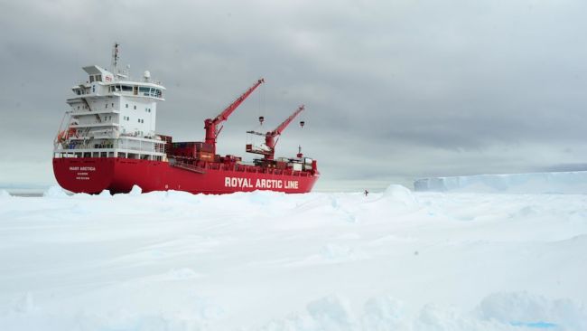 The Mary Arctica finally made it to the coast after being blocked 150km out at sea by thick sea ice. - © International Polar Foundation