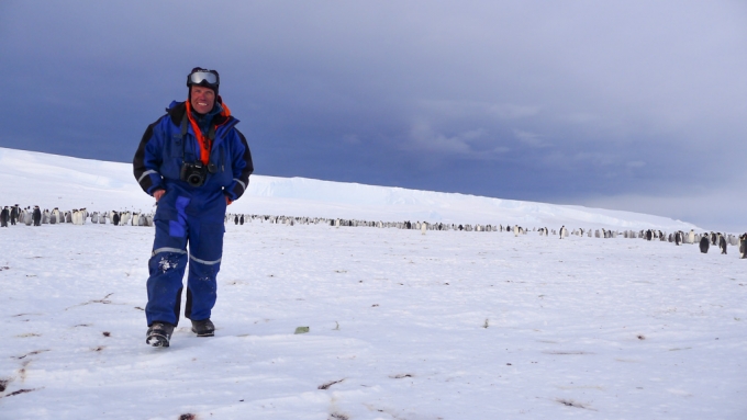 Expedition leader Alain Hubert at the newly discovered penguin colony - International Polar Foundation