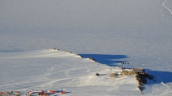 Aerial view of the Station and windturbines standing on the Utsteinen ridge. Utsteinen base camp lies to the West of the ridge. - International Polar Foundation / René Robert