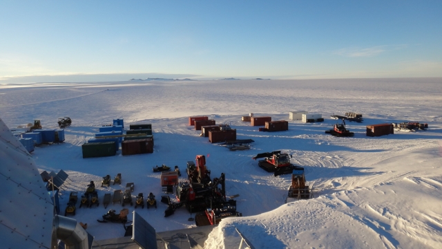 View of our vehicles and containers from the west platform of the station - International Polar Foundation / Alain Hubert