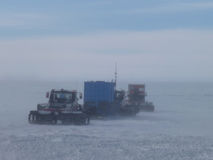 Convoy! Transporting our field camp units in to their destination on the plateau for the SAMBA meteorite project - International Polar Foundation/Alain Hubert