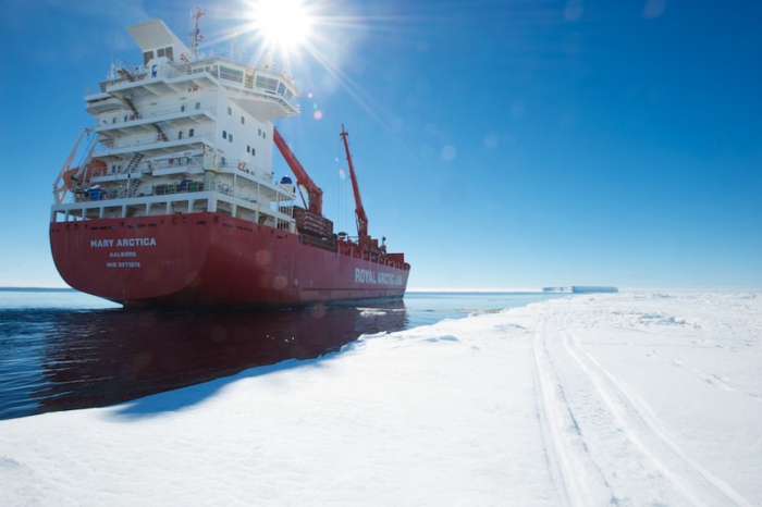 The Mary Arctica arrives at the Antarctic coast from Antwerp, laden with equipment and supplies for Princess Elisabeth Antarctica. - International Polar Foundation/Alain Hubert