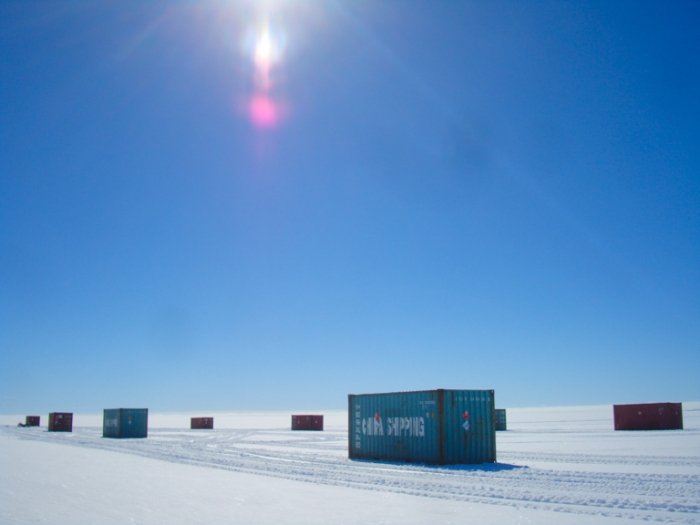 Shipping containers ready to be transported from the coast to Princess Elisabeth Antarctica - International Polar Foundation/Alain Hubert