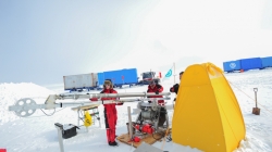 Morgane Philippe and Jean-Louis Tison checking the new drilling equipment used by the Icecon scientific team at the Field Camp. - International Polar Foundation