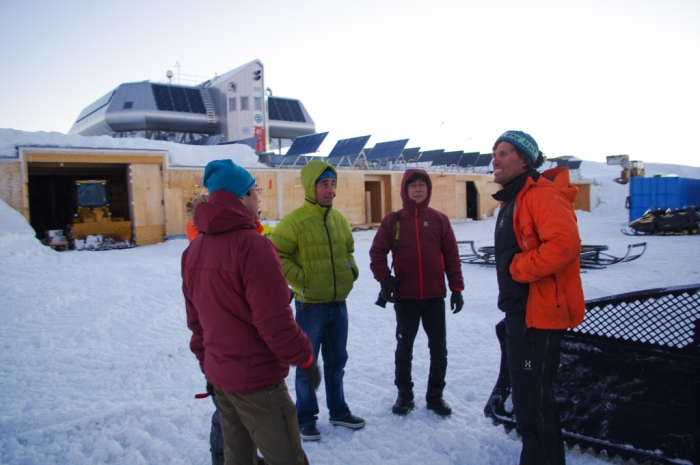 Expedition leader Alain Hubert welcoming the Japanese members of the SAMBA meteorite team back from their fieldtrip on the plateau to Princess Elisabeth Antarctica, the first 
