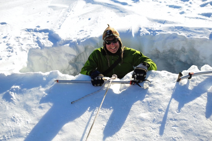 A closer view of Erik descending into the crevasse - International Polar Foundation