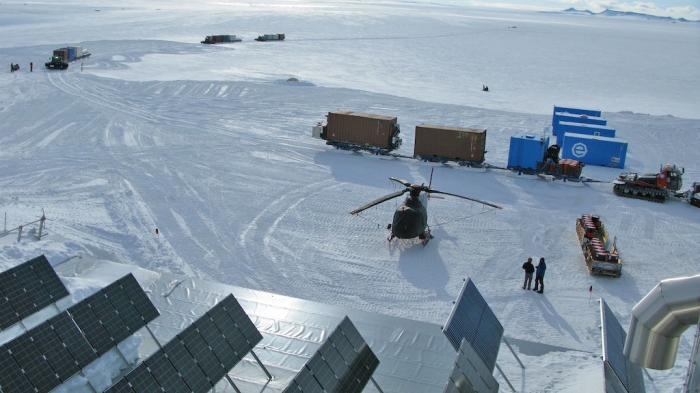 Helicopter in front of the station. - International Polar Foundation