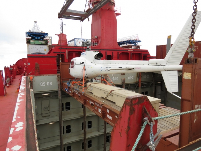First helicopter being offloaded from the Mary Arctica. - Michael Worm (Chief Engineer, M/V Mary Arctica)