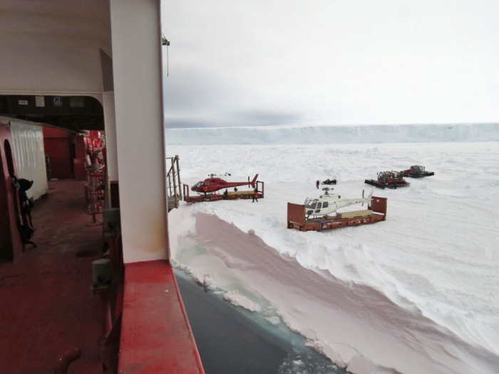 Both helicopters on the sea ice. For safety reasons, our German friends always operate with two helicopters in Antarctica.
 - Michael Worm (Chief Engineer, M/V Mary Arctica)