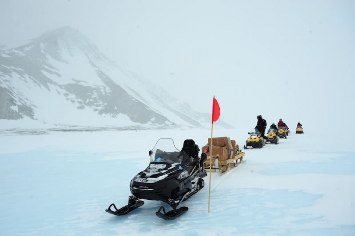 Teams always travel in convoy, lead by field guides who know the terrain and make sure everybody stays on track. - International Polar Foundation
