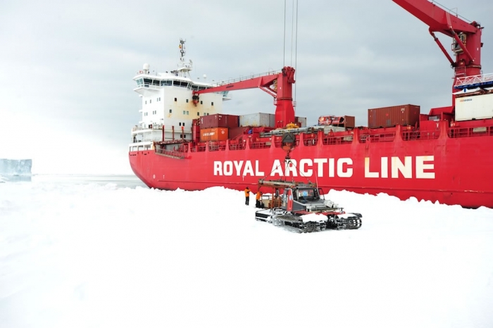Going on board to discuss and plan the unloading operation with Captain Pertersen. - International Polar Foundation