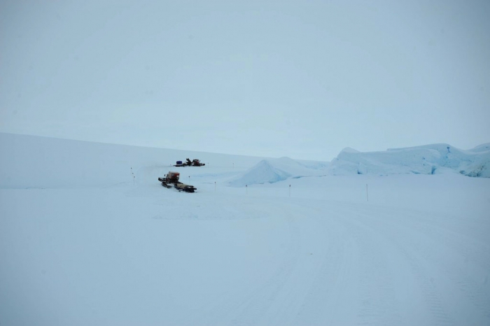 Every year, we build a ramp to be able to transport cargo from the sea ice to the ice shelf. - International Polar Foundation